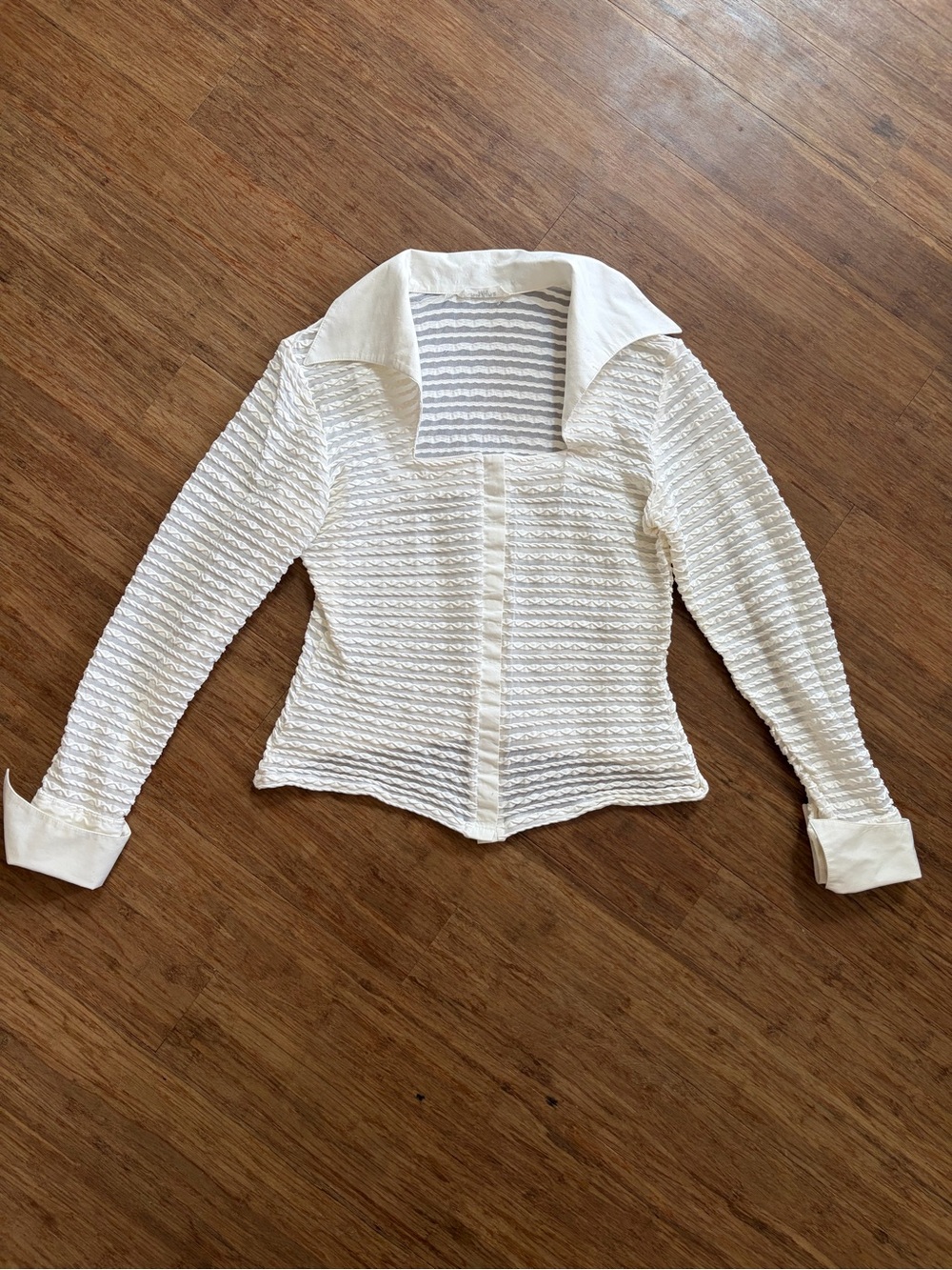 Vintage Rayure Paris Sheer Textured Ruched Blouse White Square Neck, sz 42 (M)